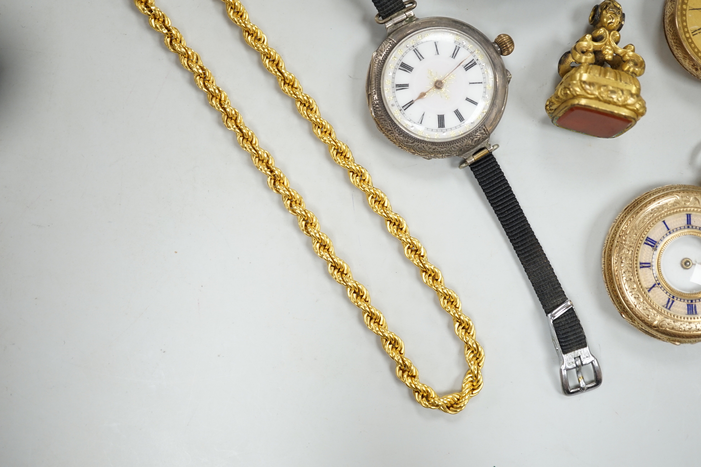 A modern 9ct gold rope twist chain, 39.5cm, 7.8 grams, two 14k fob watches, one with enamelled chapter ring, a silver wrist watch, agate brooch and a gilt metal fob seal.